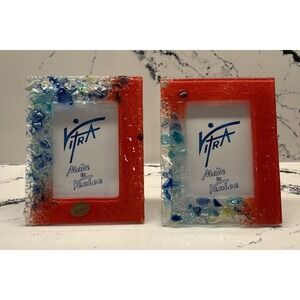 Vitra Murano Glass Picture Frames Set of 2 Red Blue Made in Venice Italy 2.5x3.5